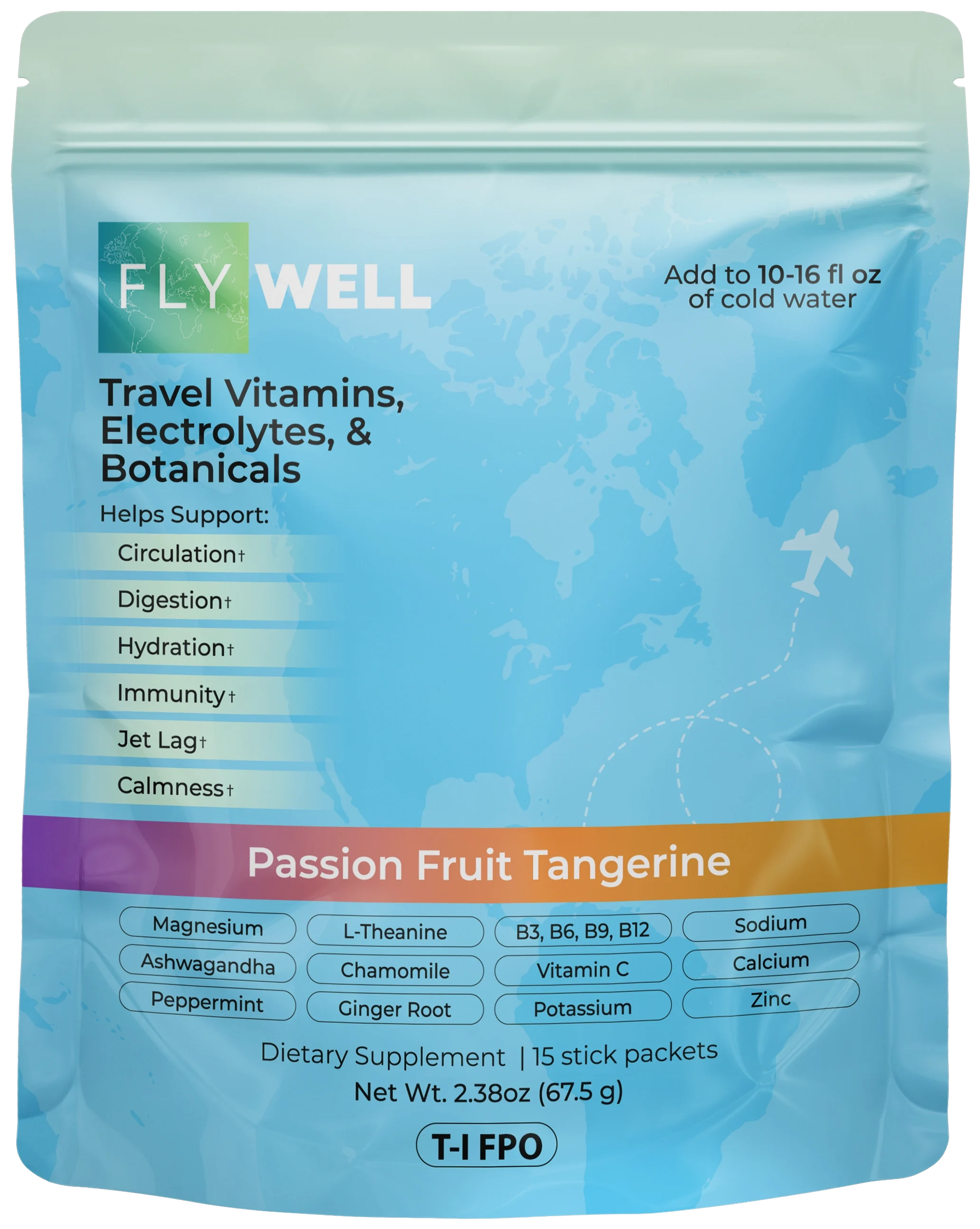 FlyWell Passion Fruit Tangerine travel tonic pouch