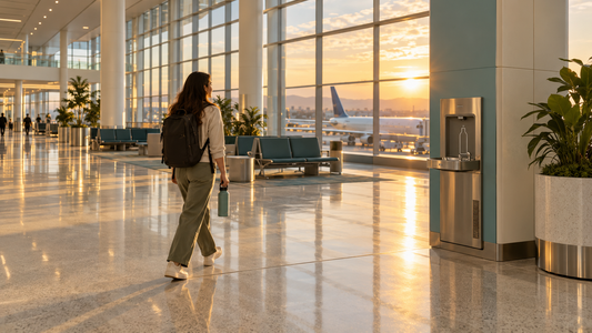 Bright airport terminal with a traveler walking past windows and a water bottle refill station