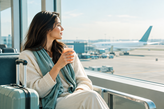 Traveler at an airport window holding a travel wellness drink