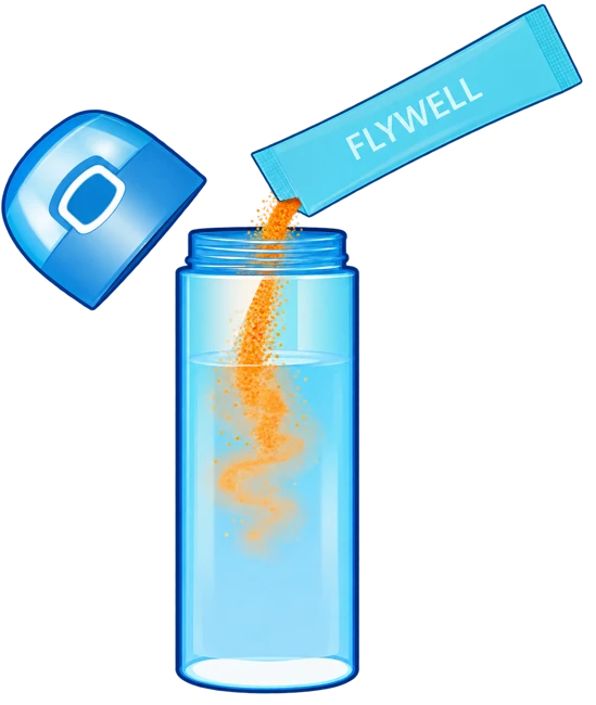 Pouring orange FlyWell powder into a water bottle