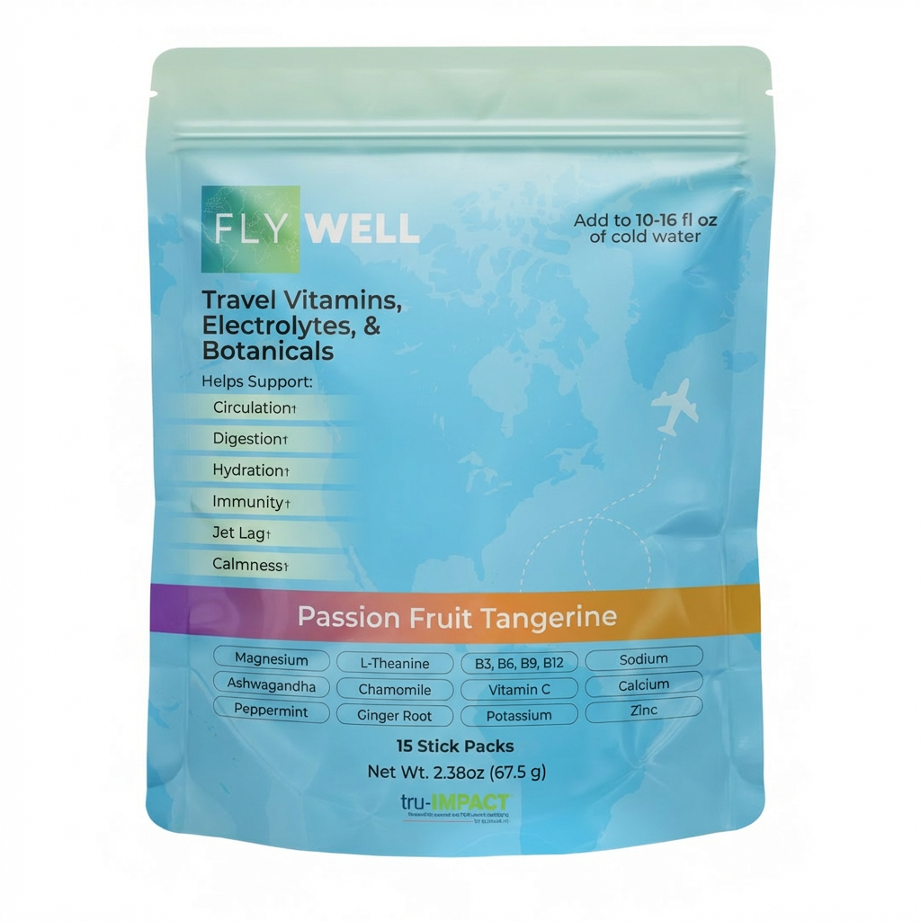 FlyWell Passion Fruit Tangerine travel tonic pouch
