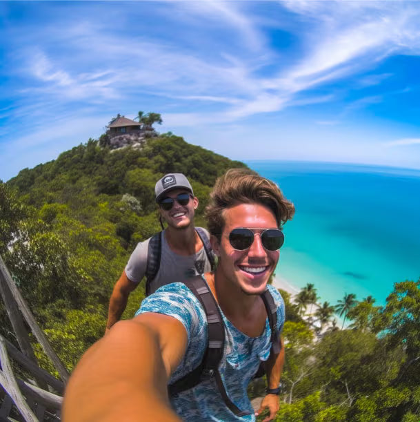 FlyWell founders traveling: Jacob in front and David behind him