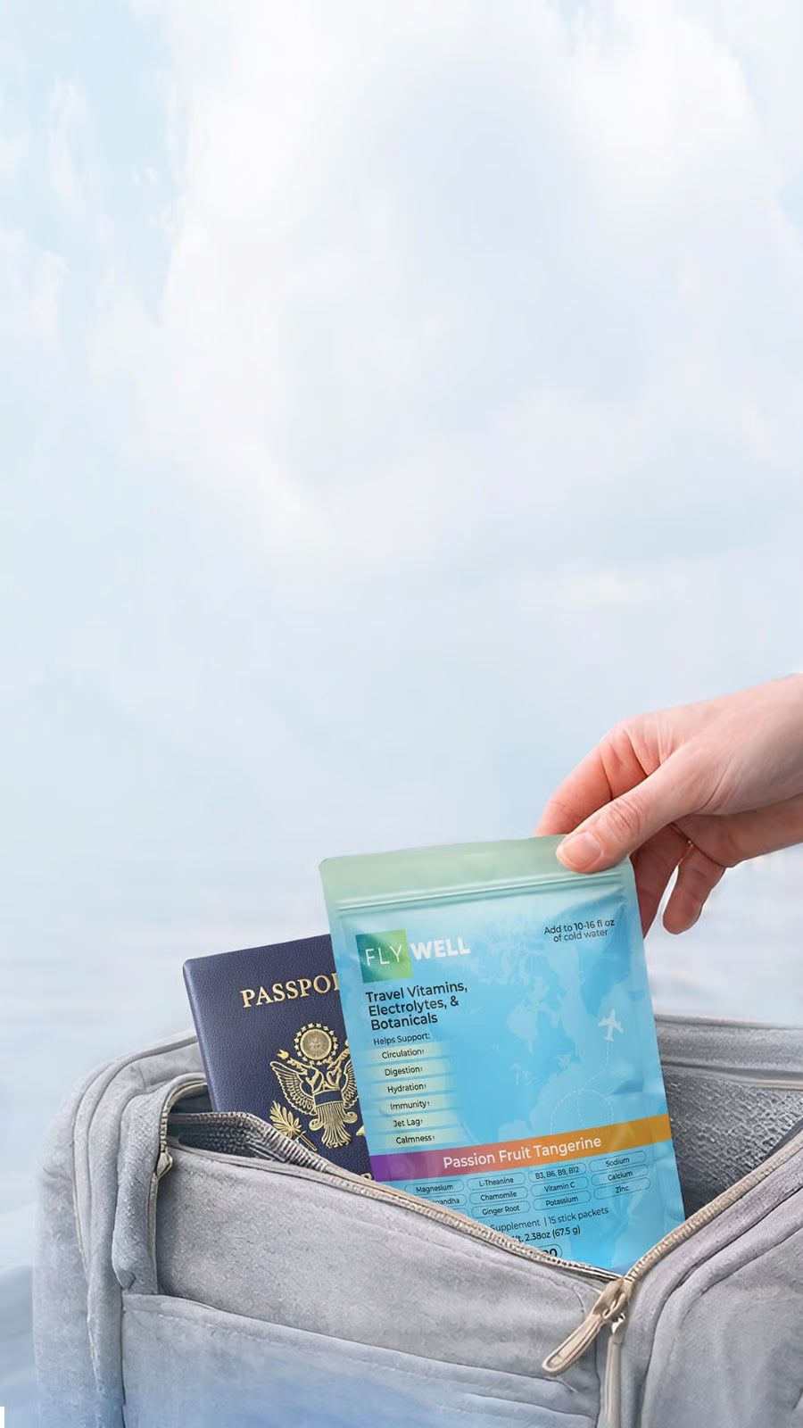 A FlyWell travel tonic pouch packed with travel essentials